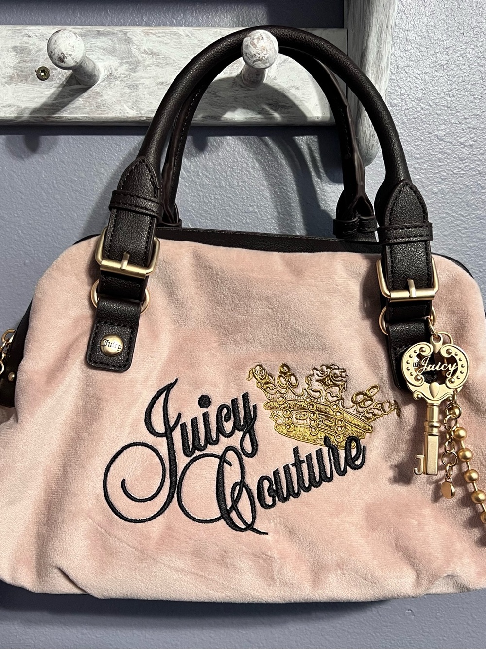 Juicy Couture Pink Velvet Satchel with Dark Brown Handles & Gold Charm